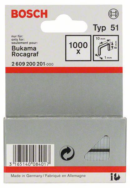 Plantrådsklammer typ 51 – 10 x 1 x 8 mm 1000 st Bosch Accessories 2609200201 Mått (L x B) 8 mm x 10 mm