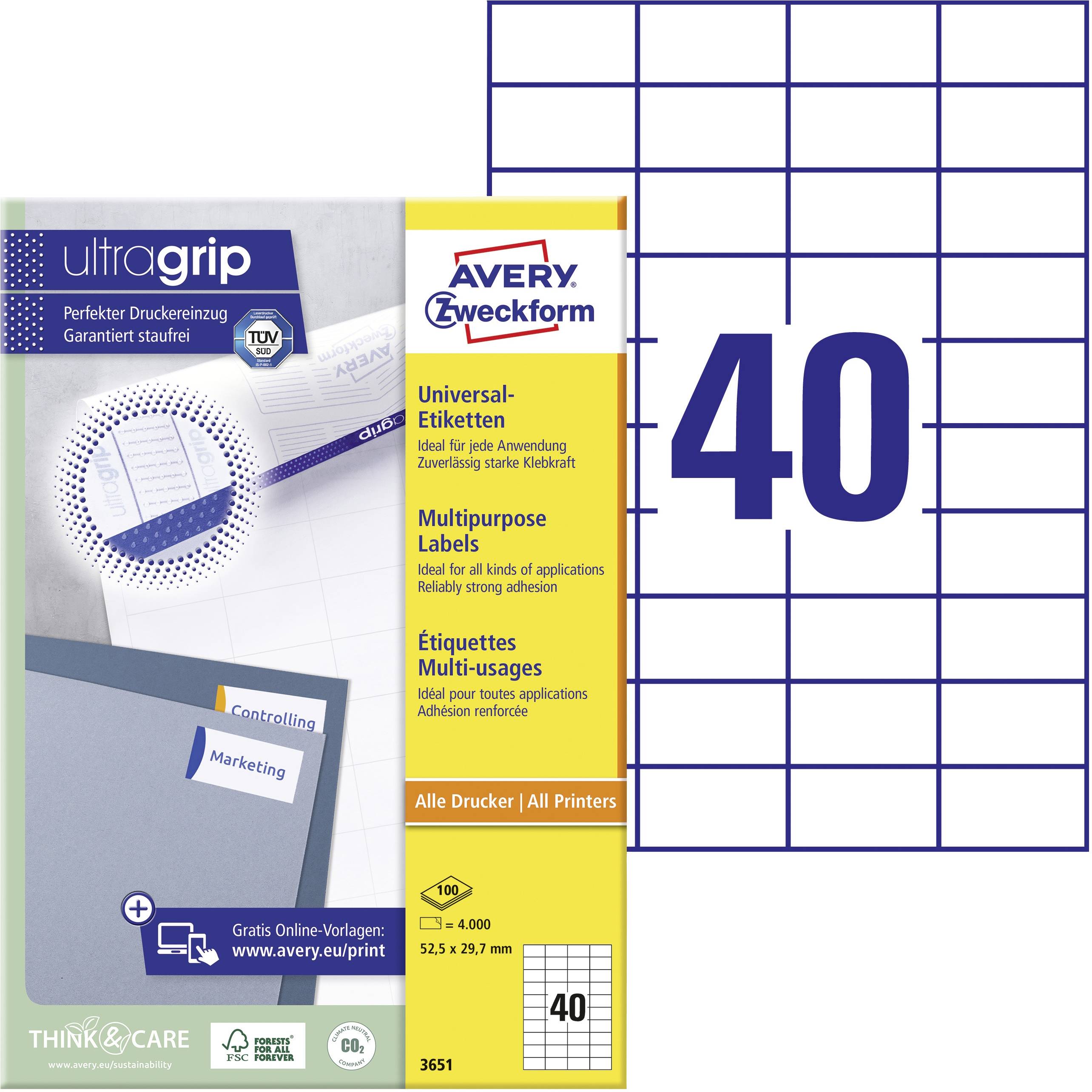 Avery-Zweckform 3651 Universaletiketter 52.5 x 29.7 mm Papper Vit 4000 st Permanent Bläckstråleskrivare, Laser, Laser, f