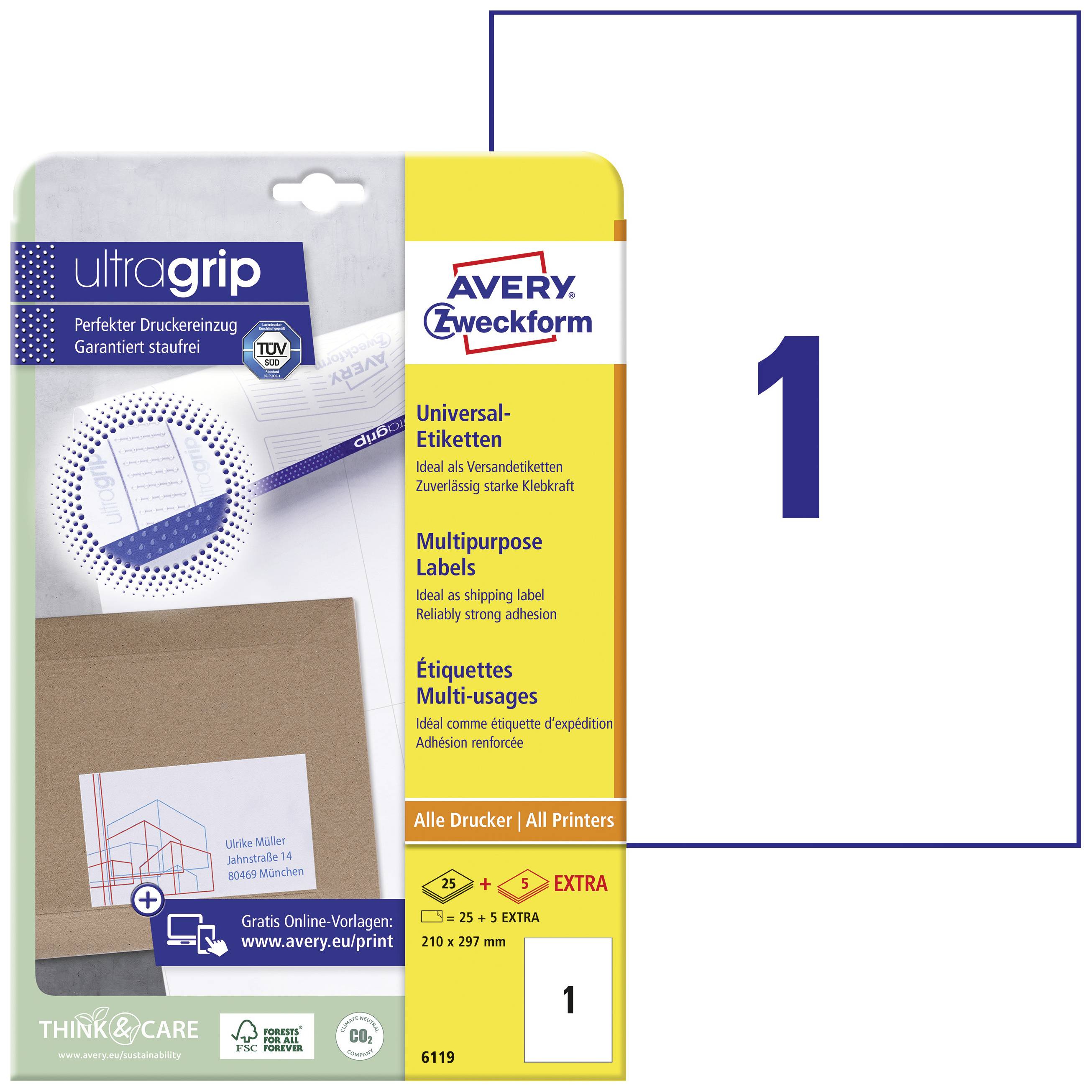 Avery-Zweckform 6119 Universaletiketter 210 x 297 mm Papper Vit 30 st Permanent Bläckstråleskrivare, Laser, Laser, färg,