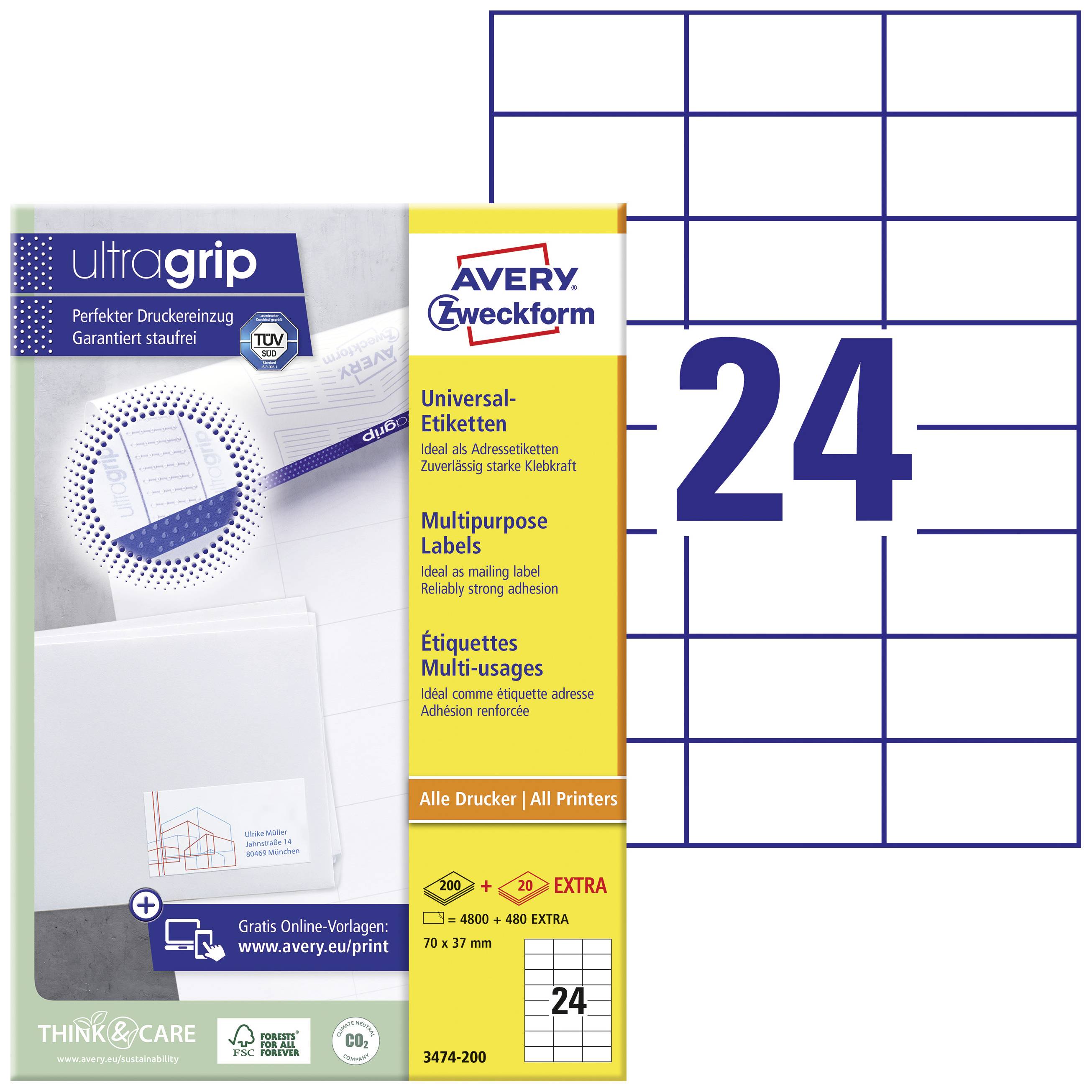 Avery-Zweckform 3474-200 Universaletiketter 70 x 37 mm Papper Vit 5280 st Permanent Laser, färg