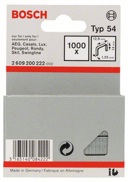 Plantrådsklammer typ 54 – 12,9 x 1,25 x 14 mm 1000 st Bosch Accessories 2609200222 Mått (L x B) 14 mm x 12.9 mm