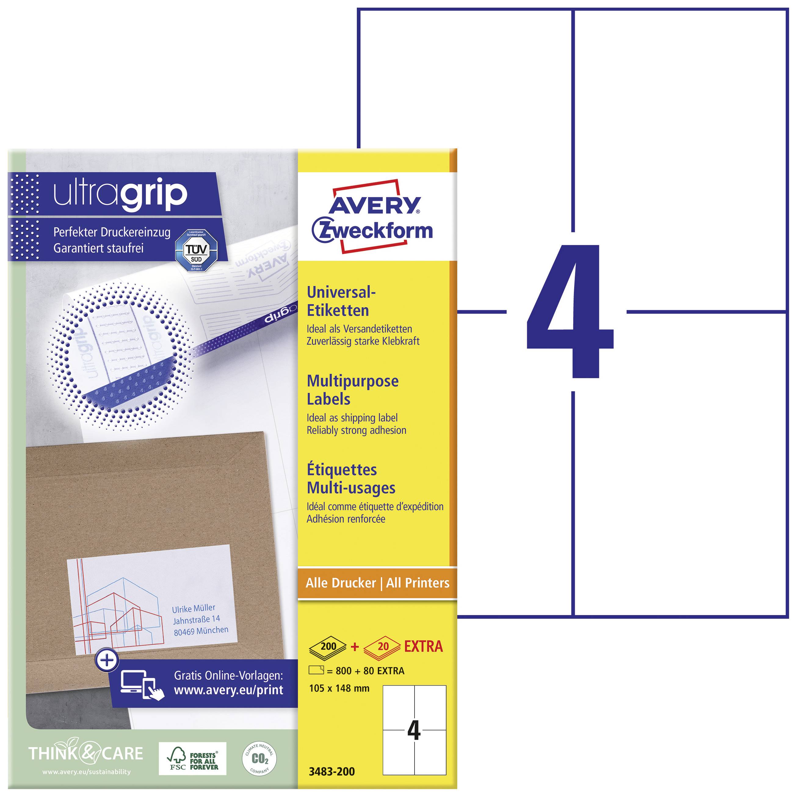 Avery-Zweckform 3483-200 Universaletiketter 105 x 148 mm Papper Vit 880 st Permanent Bläckstråleskrivare, Laser, Laser,
