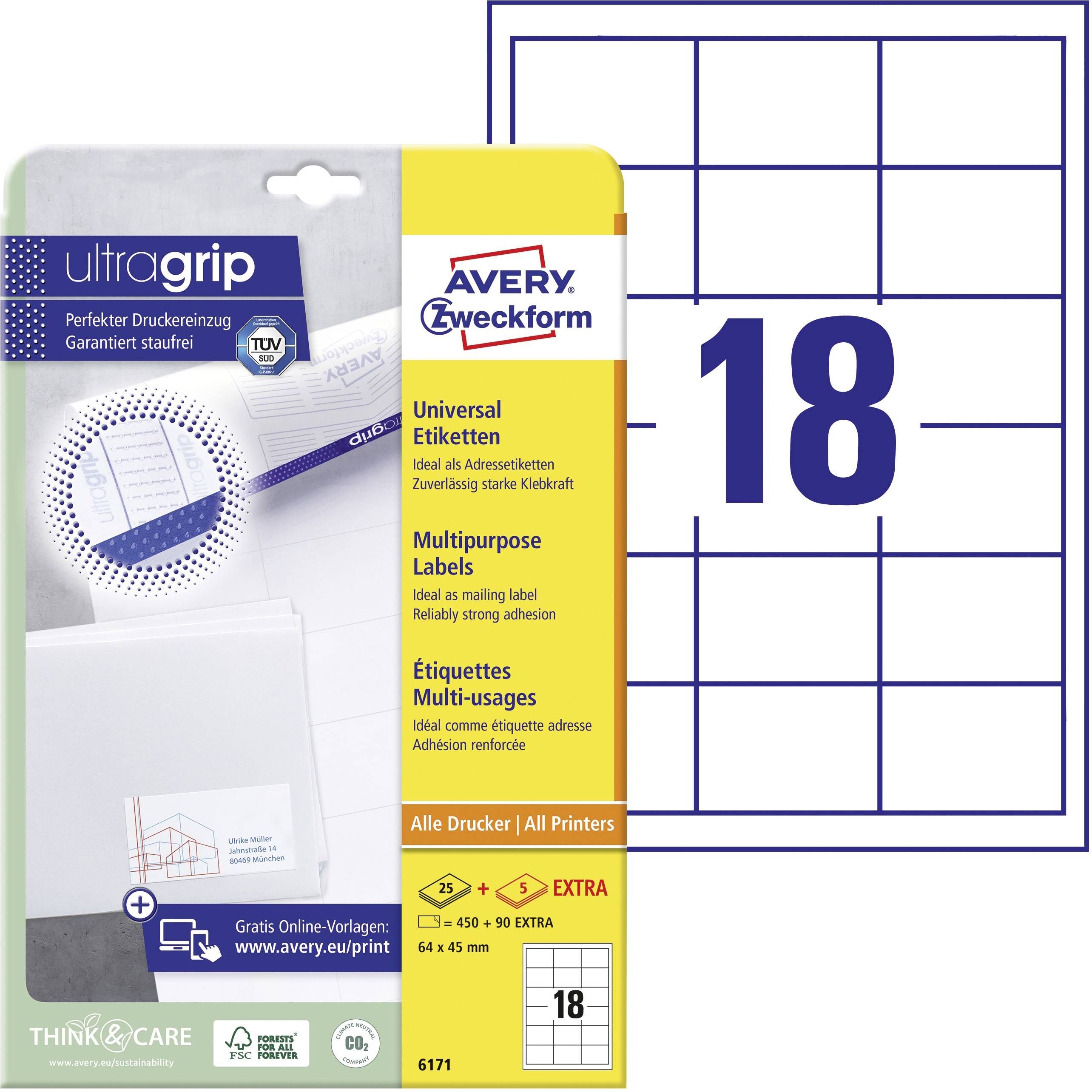 Avery-Zweckform 6171 Universaletiketter 64 x 45 mm Papper Vit 540 st Permanent Bläckstråleskrivare, Laser, Laser, färg,