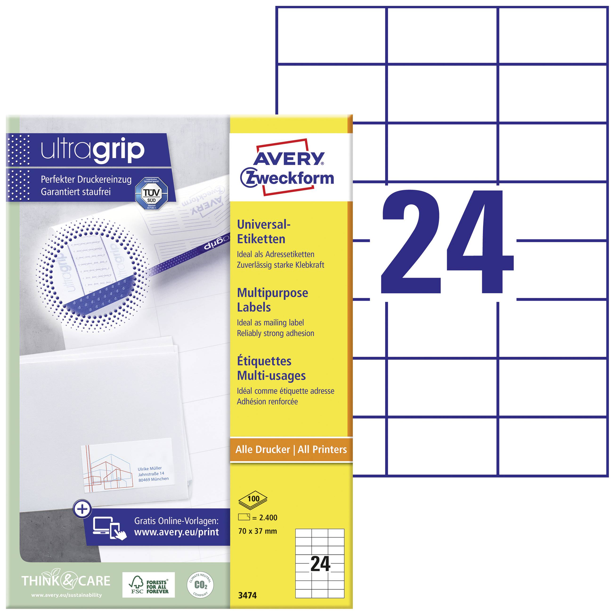 Avery-Zweckform 3474 Universaletiketter 70 x 37 mm Papper Vit 2400 st Permanent Bläckstråleskrivare, Laser, Laser, färg,