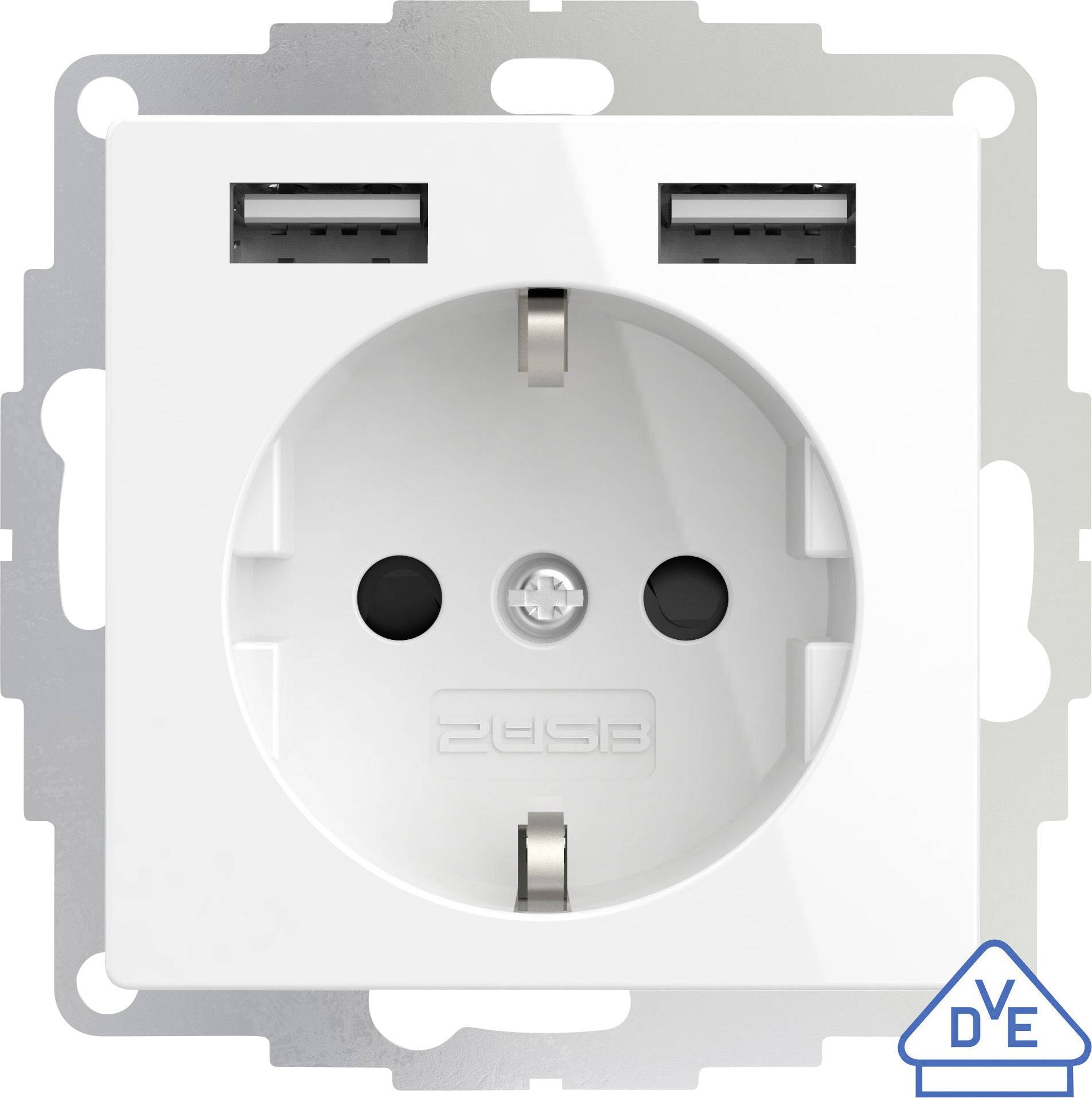 2USB 2U-449276 Eluttag Infälld VDE, USB-uttag, Petskydd IP20 Renvit, Glas