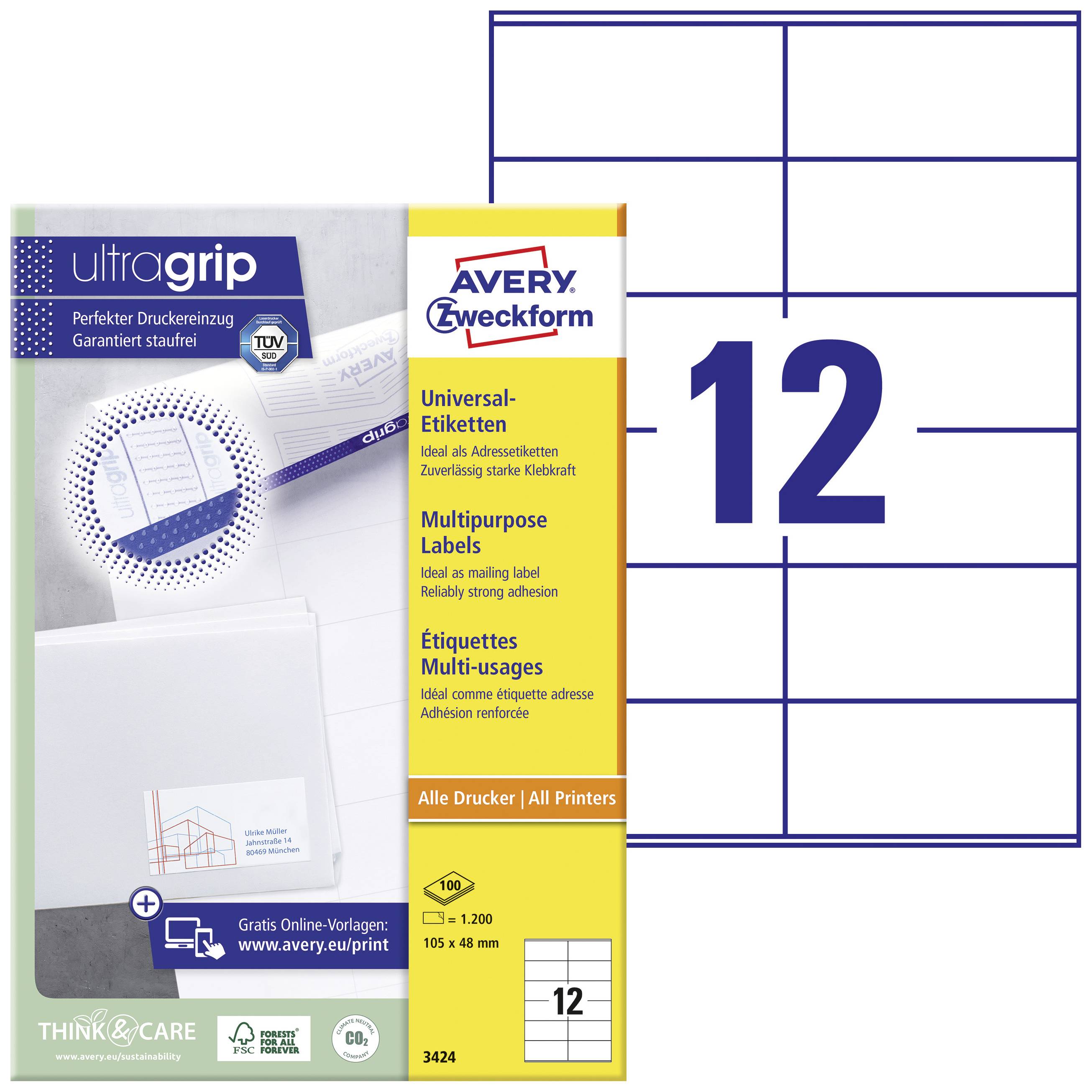 Avery-Zweckform 3424 Universaletiketter 105 x 48 mm Papper Vit 1200 st Permanent Bläckstråleskrivare, Laser, Laser, färg
