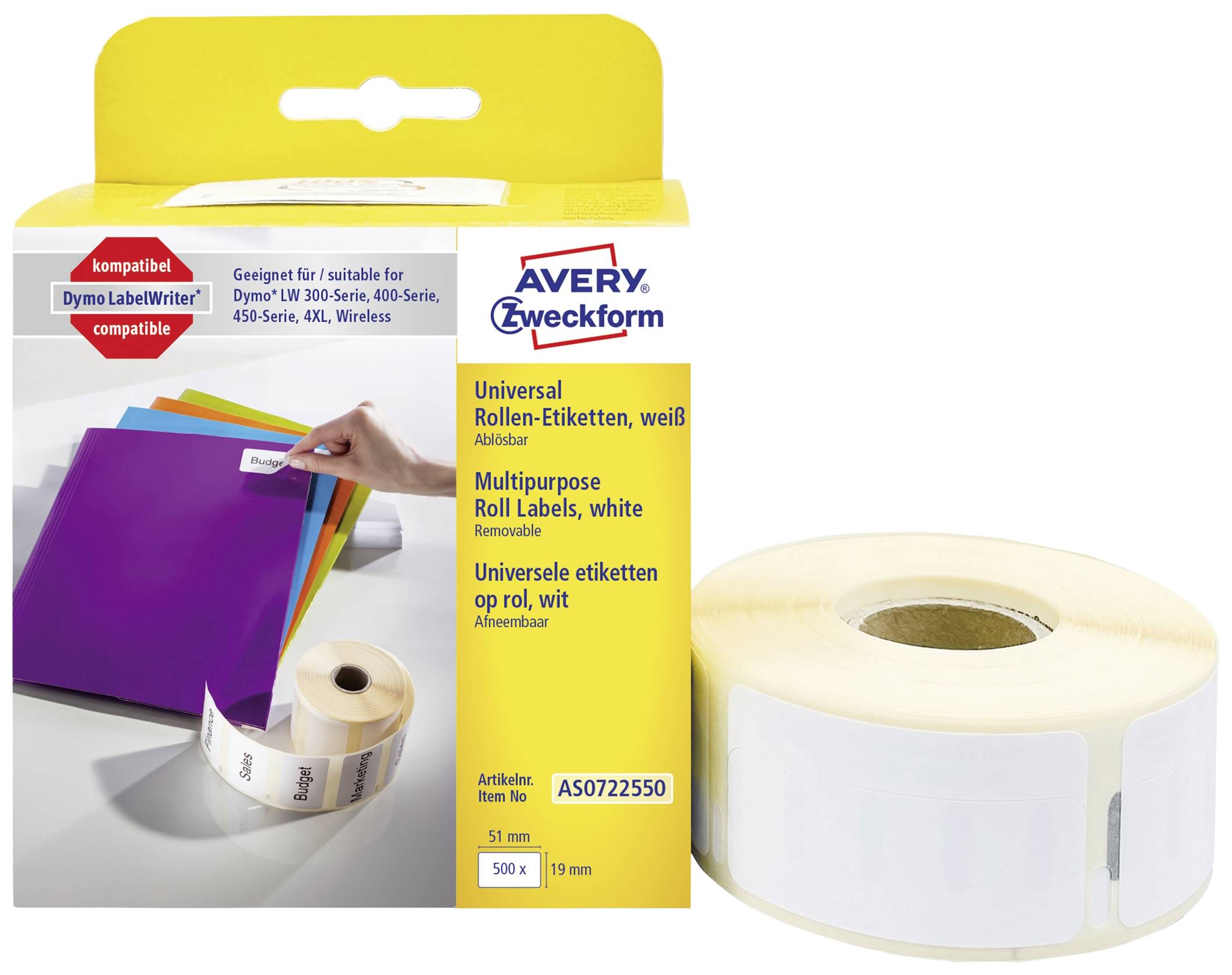 Avery-Zweckform Etikettrulle 19 x 51 mm Papper Vit 500 st Repositionerbart AS0722550 Universaletiketter