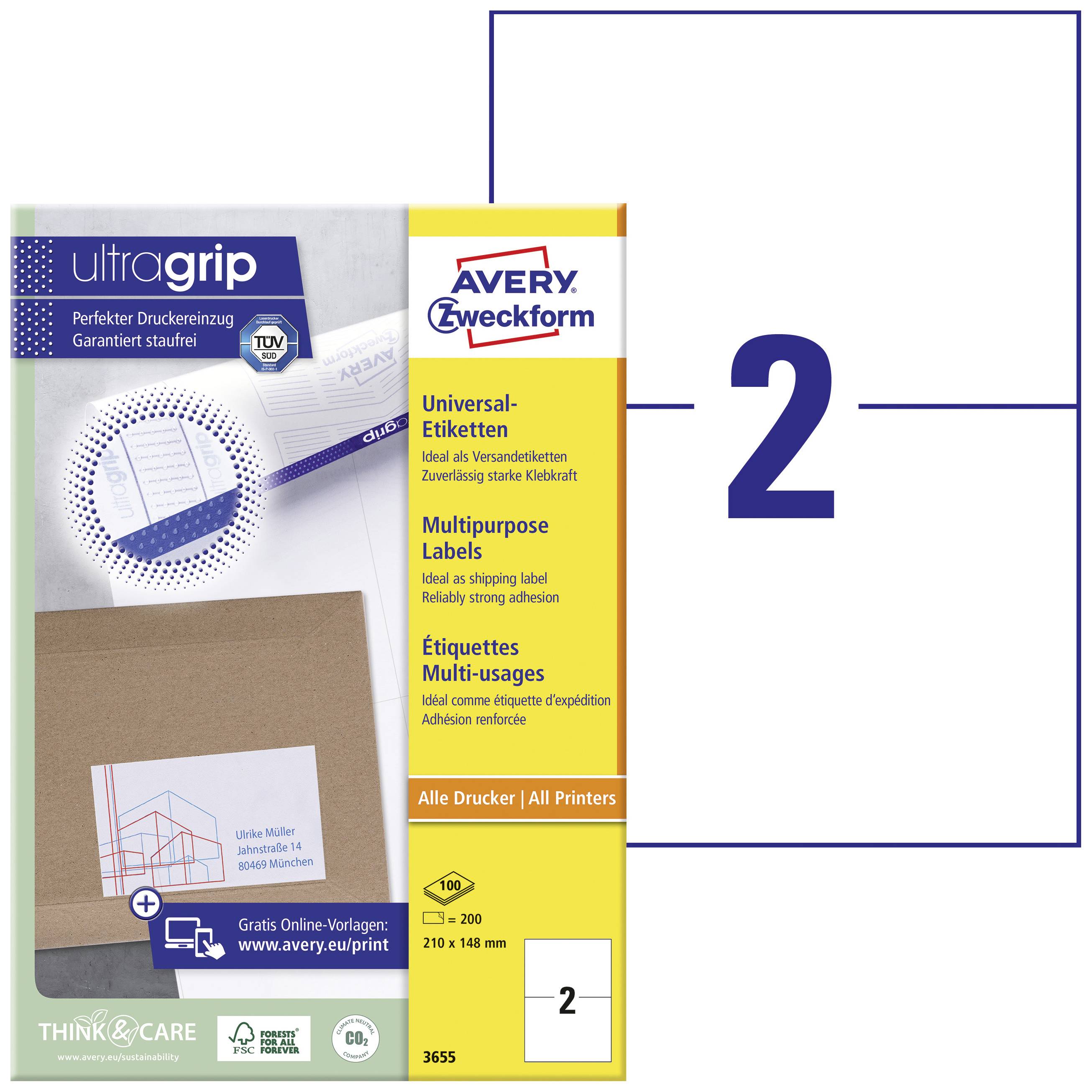 Avery-Zweckform 3655 Universaletiketter 210 x 148 mm Papper Vit 200 st Permanent Bläckstråleskrivare, Laser, Laser, färg