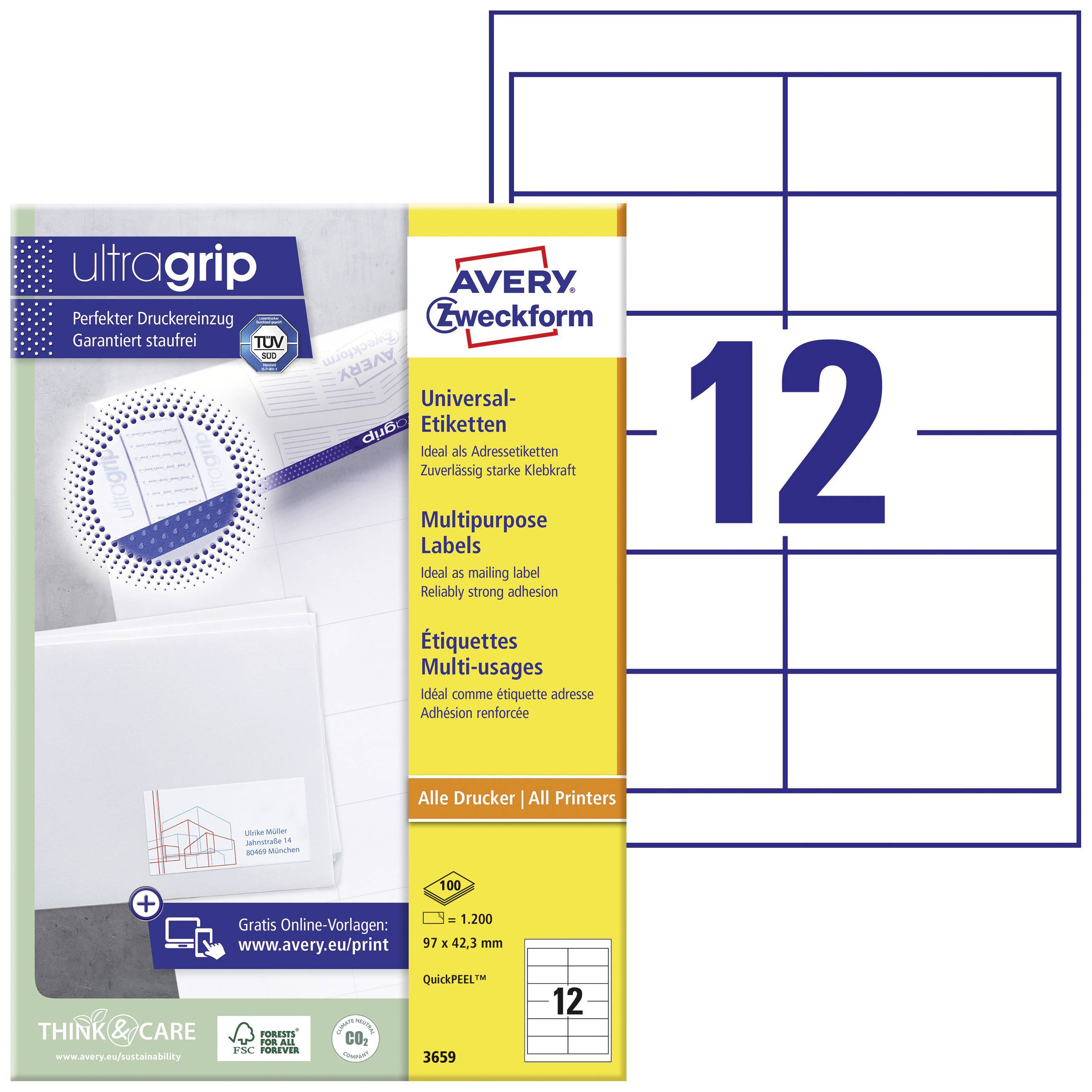 Avery-Zweckform 3659 Universaletiketter 97 x 42.3 mm Papper Vit 1200 st Permanent Bläckstråleskrivare, Laser, Laser, fär