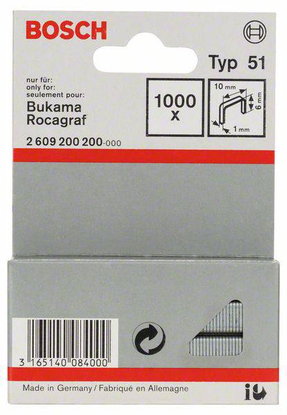 Plantrådsklammer typ 51 – 10 x 1 x 6 mm 1000 st Bosch Accessories 2609200200 Mått (L x B) 6 mm x 10 mm