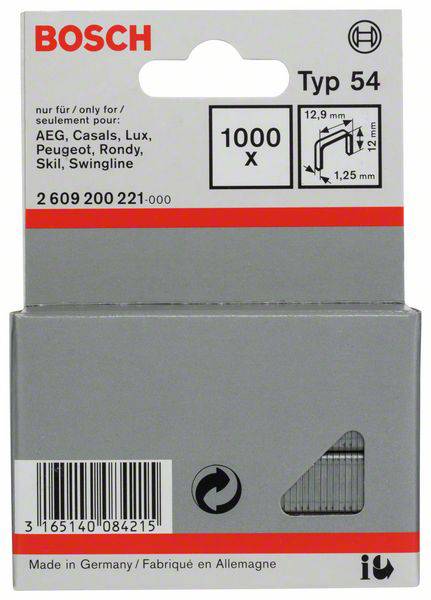 Plantrådsklammer typ 54 – 12,9 x 1,25 x 12 mm 1000 st Bosch Accessories 2609200221 Mått (L x B) 12 mm x 12.9 mm