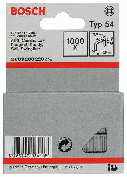 Plantrådsklammer typ 54 – 12,9 x 1,25 x 10 mm 1000 st Bosch Accessories 2609200220 Mått (L x B) 10 mm x 12.9 mm