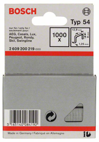 Plantrådsklammer typ 54 – 12,9 x 1,25 x 8 mm 1000 st Bosch Accessories 2609200219 Mått (L x B) 8 mm x 12.9 mm