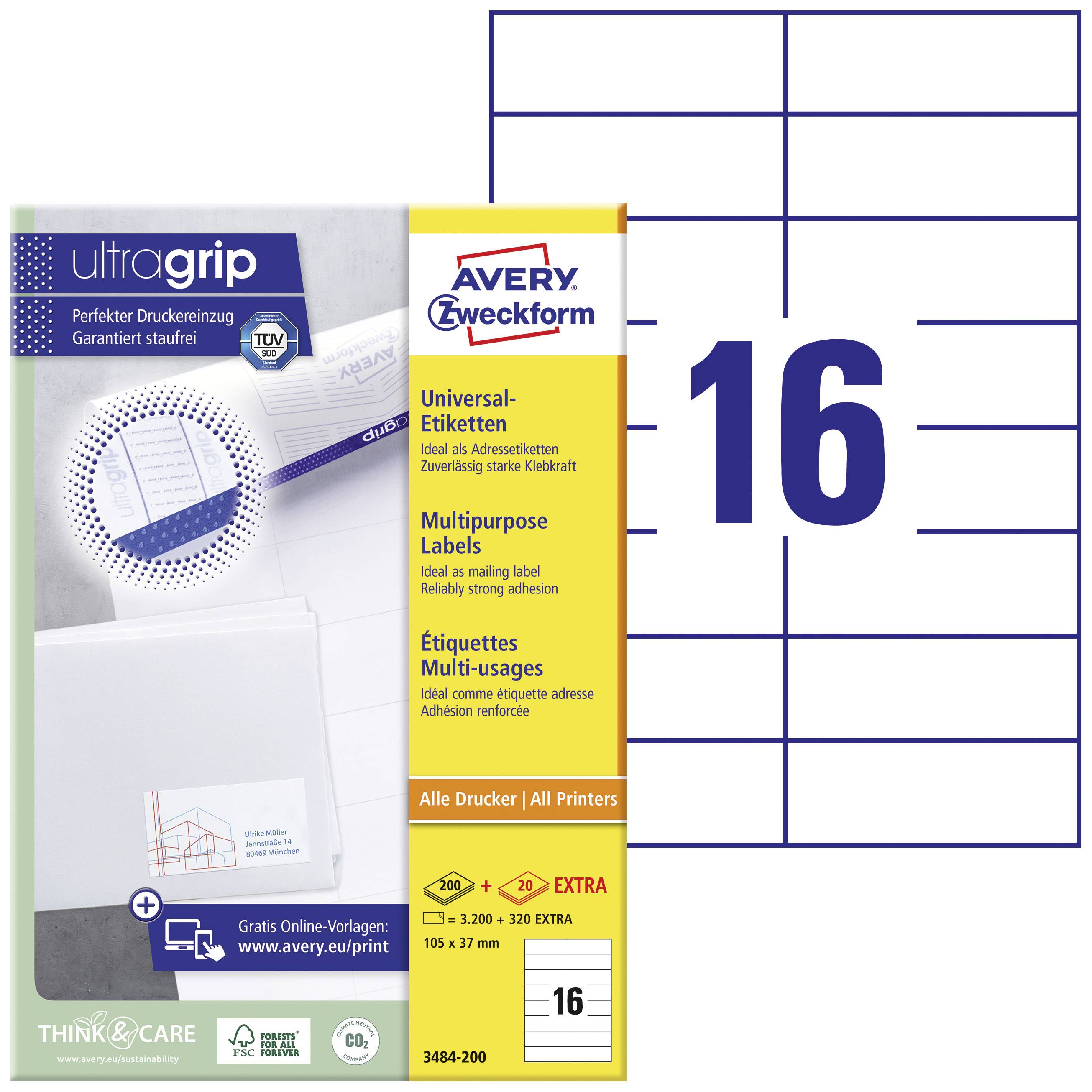 Avery-Zweckform 3484-200 Universaletiketter 105 x 37 mm Papper Vit 3520 st Permanent Laser, Laser, färg