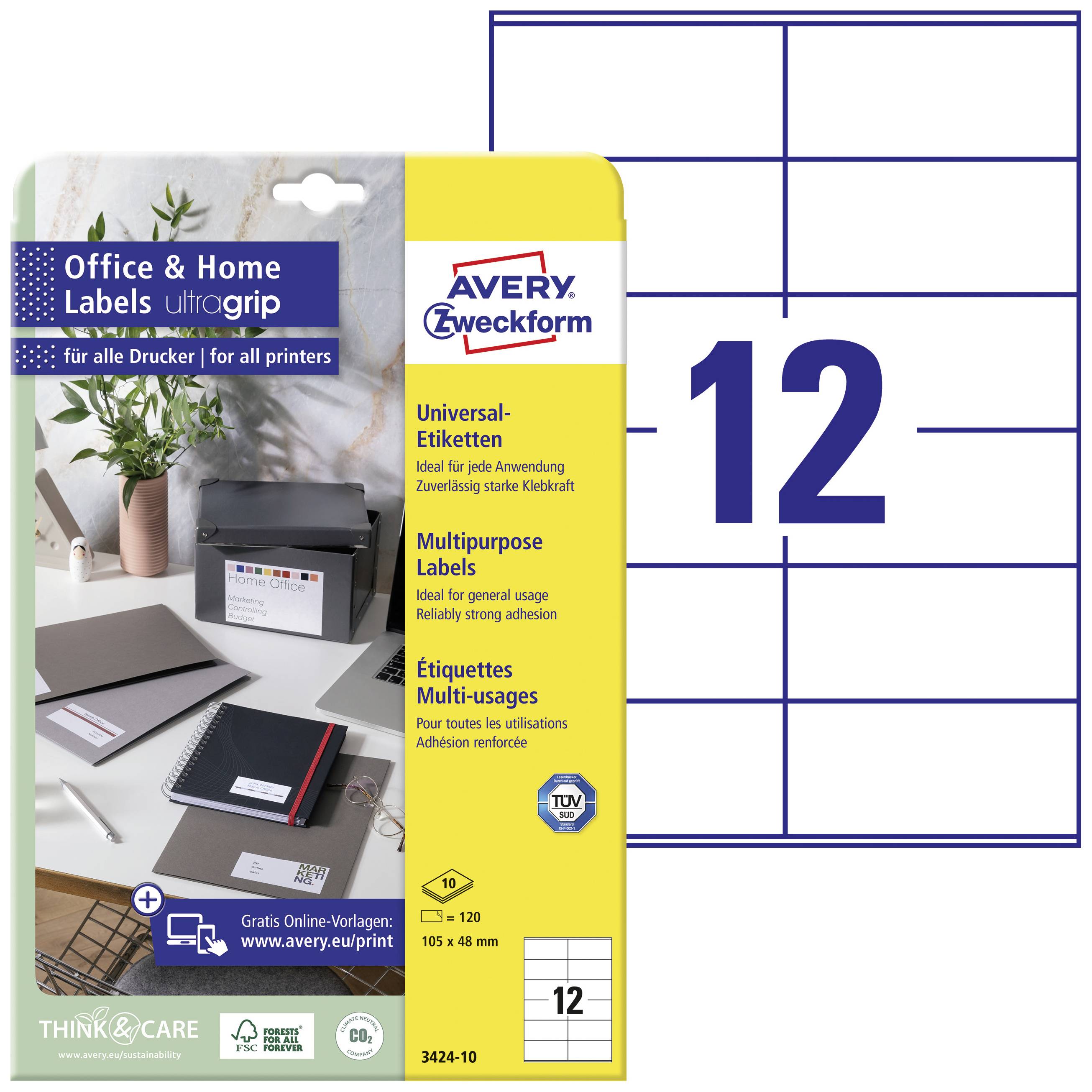 Avery-Zweckform 3424-10 Universaletiketter 105 x 48 mm Papper Vit 120 st Permanent Laser, färg, Laser