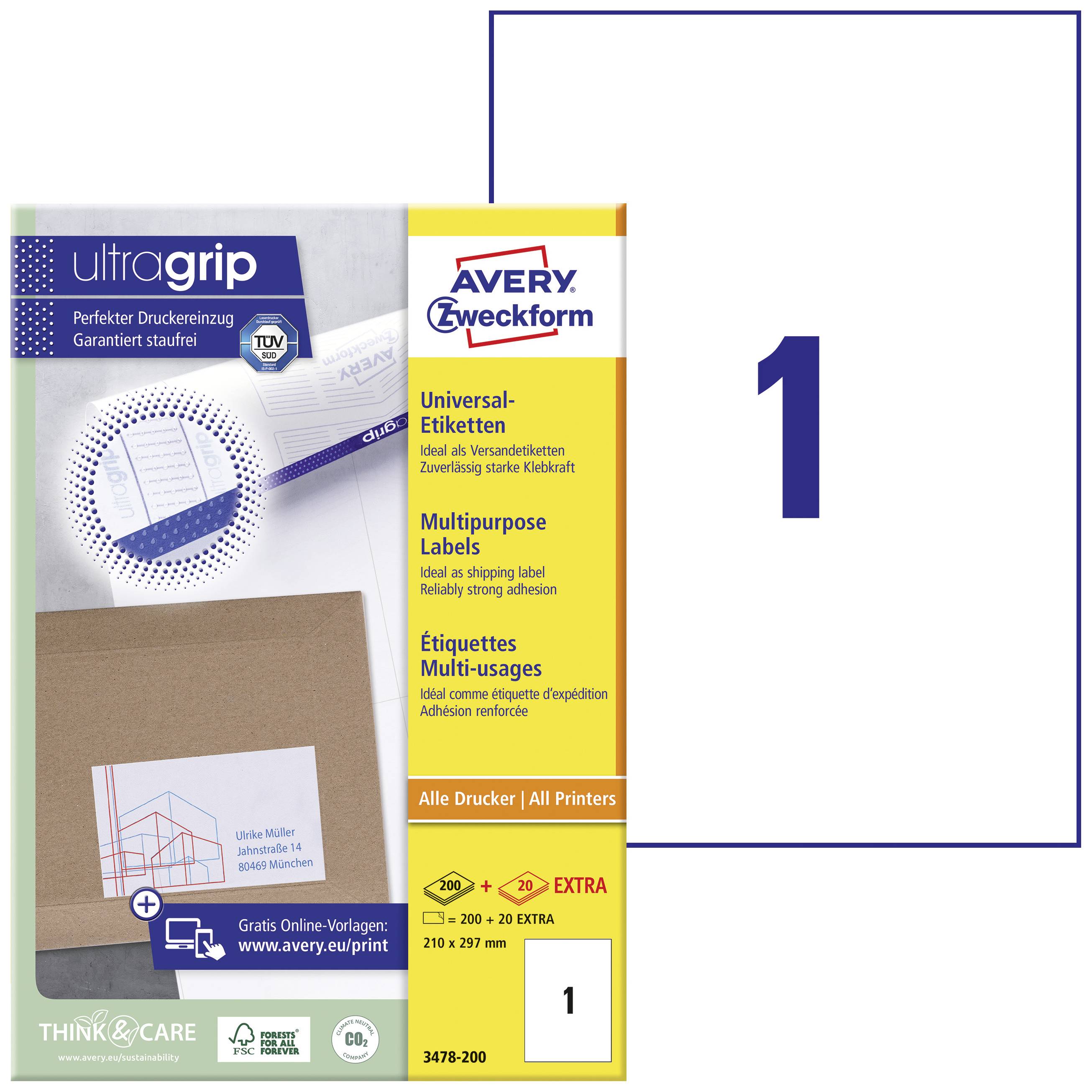 Avery-Zweckform 3478-200 Universaletiketter 210 x 297 mm Papper Vit 200 st Permanent Laser, färg, Laser, Färgkopiator, K