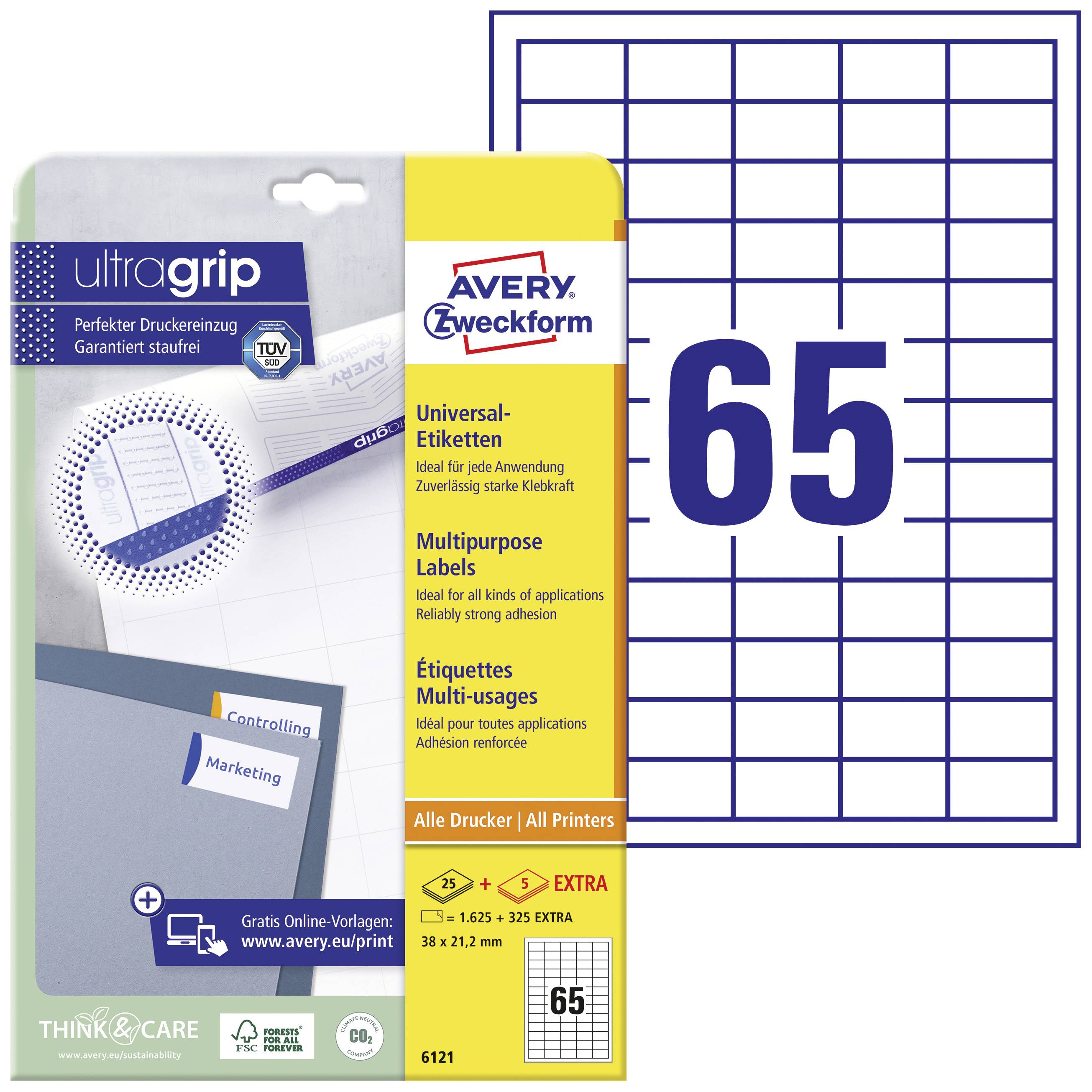 Avery-Zweckform 6121 Universaletiketter 38 x 21.2 mm Papper Vit 1950 st Permanent Bläckstråleskrivare, Laser, Laser, fär