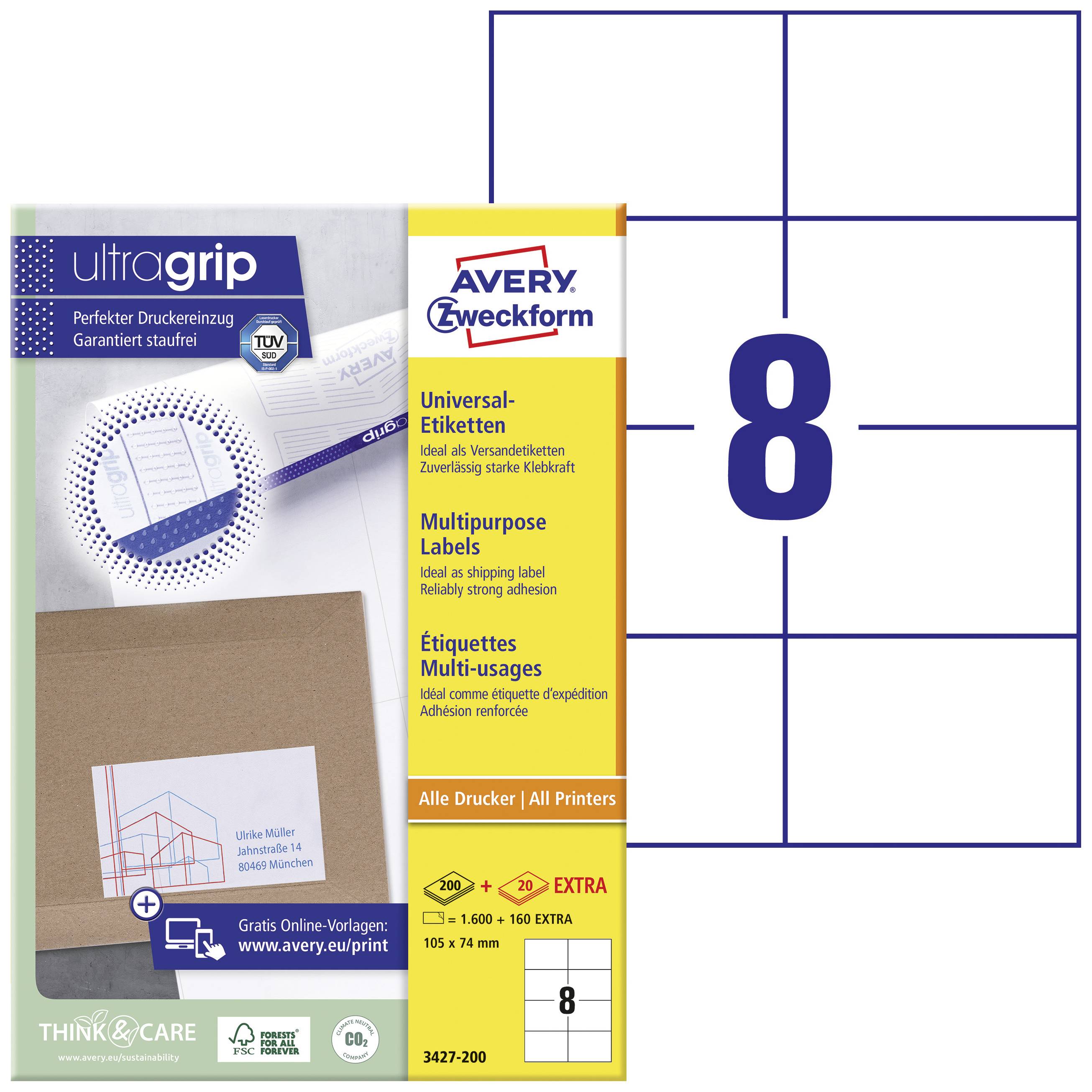 Avery-Zweckform 3427-200 Universaletiketter 105 x 74 mm Papper Vit 1760 st Permanent Laser, färg