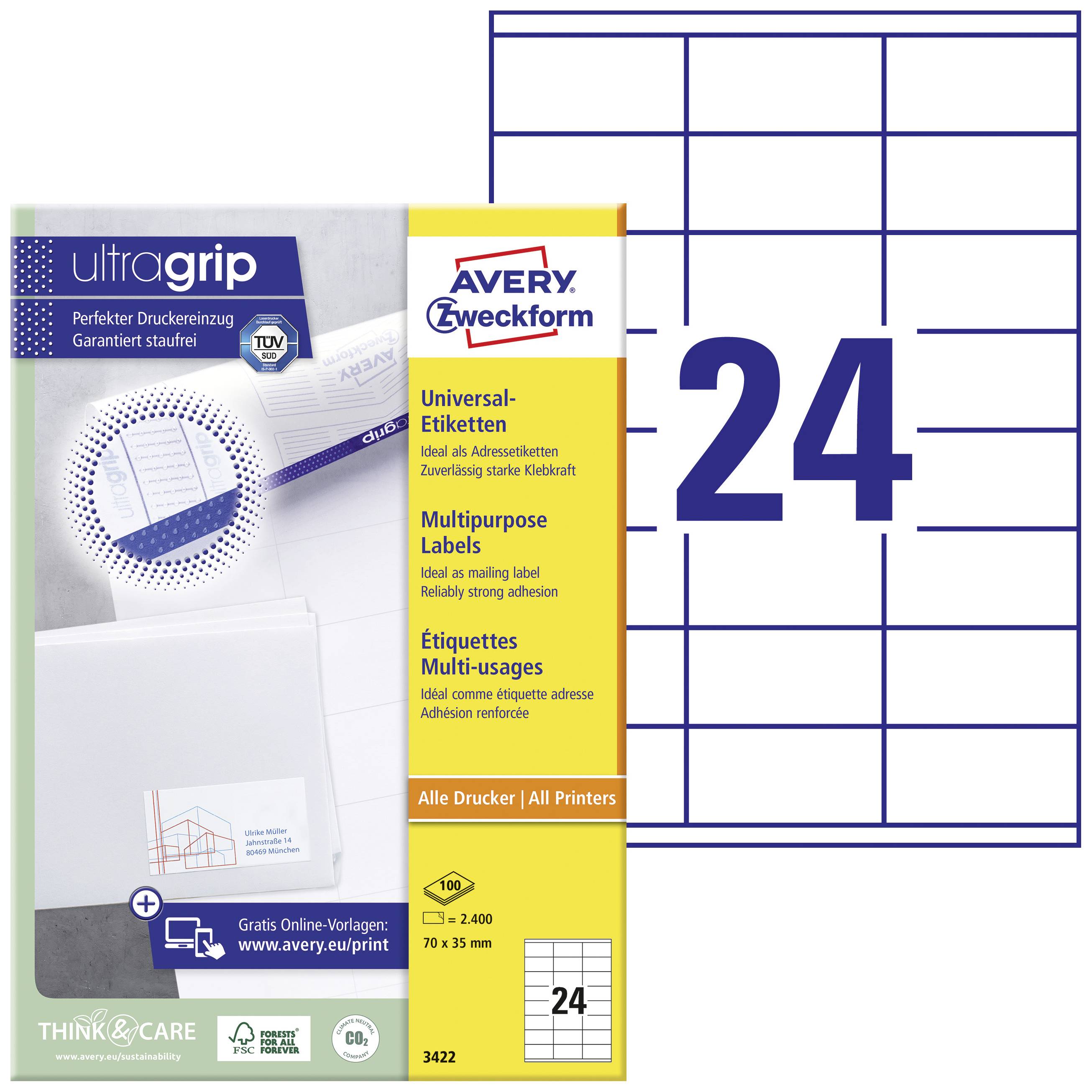 Avery-Zweckform 3422 Universaletiketter 70 x 35 mm Papper Vit 2400 st Permanent Bläckstråleskrivare, Laser, Laser, färg,