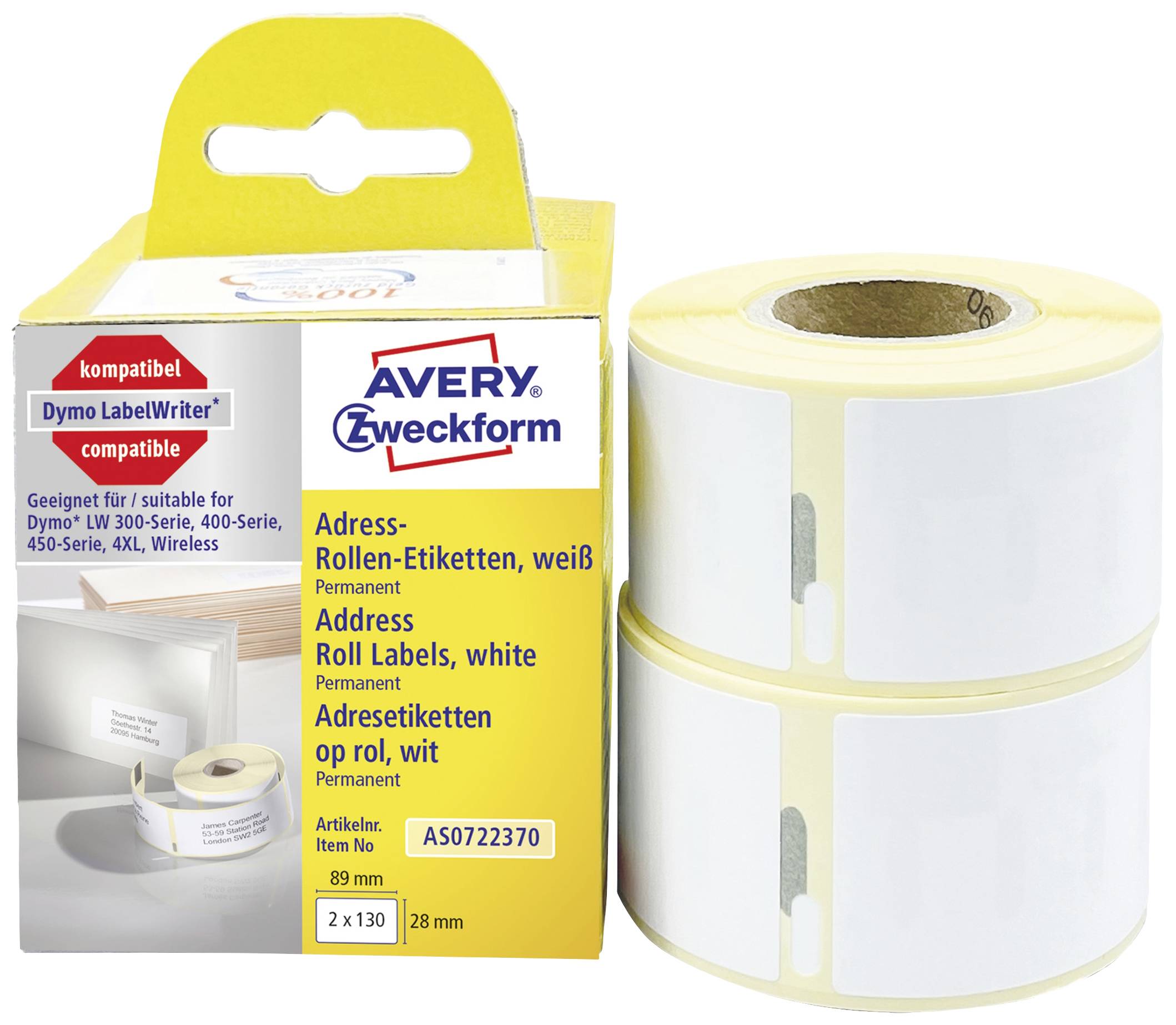 Avery-Zweckform Etikettrulle 82 x 28 mm Papper Vit 260 st Permanent AS0722370 Adressetiketter