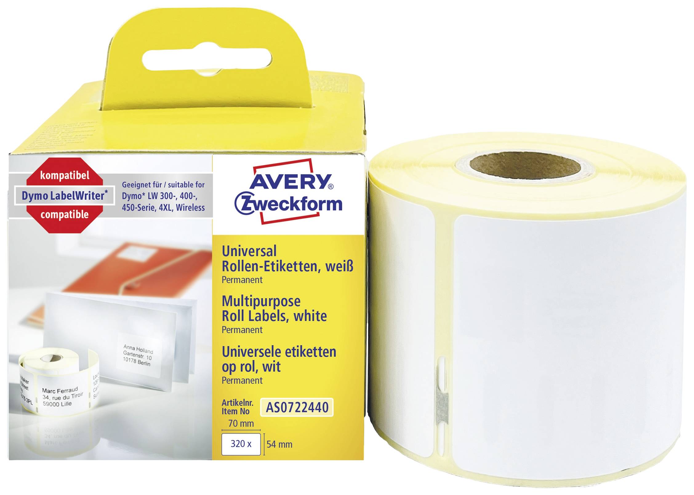 Avery-Zweckform Etikett rulle 70 x 54 mm Papper Vit 320 st Permanent AS0722440 Universaletiketter