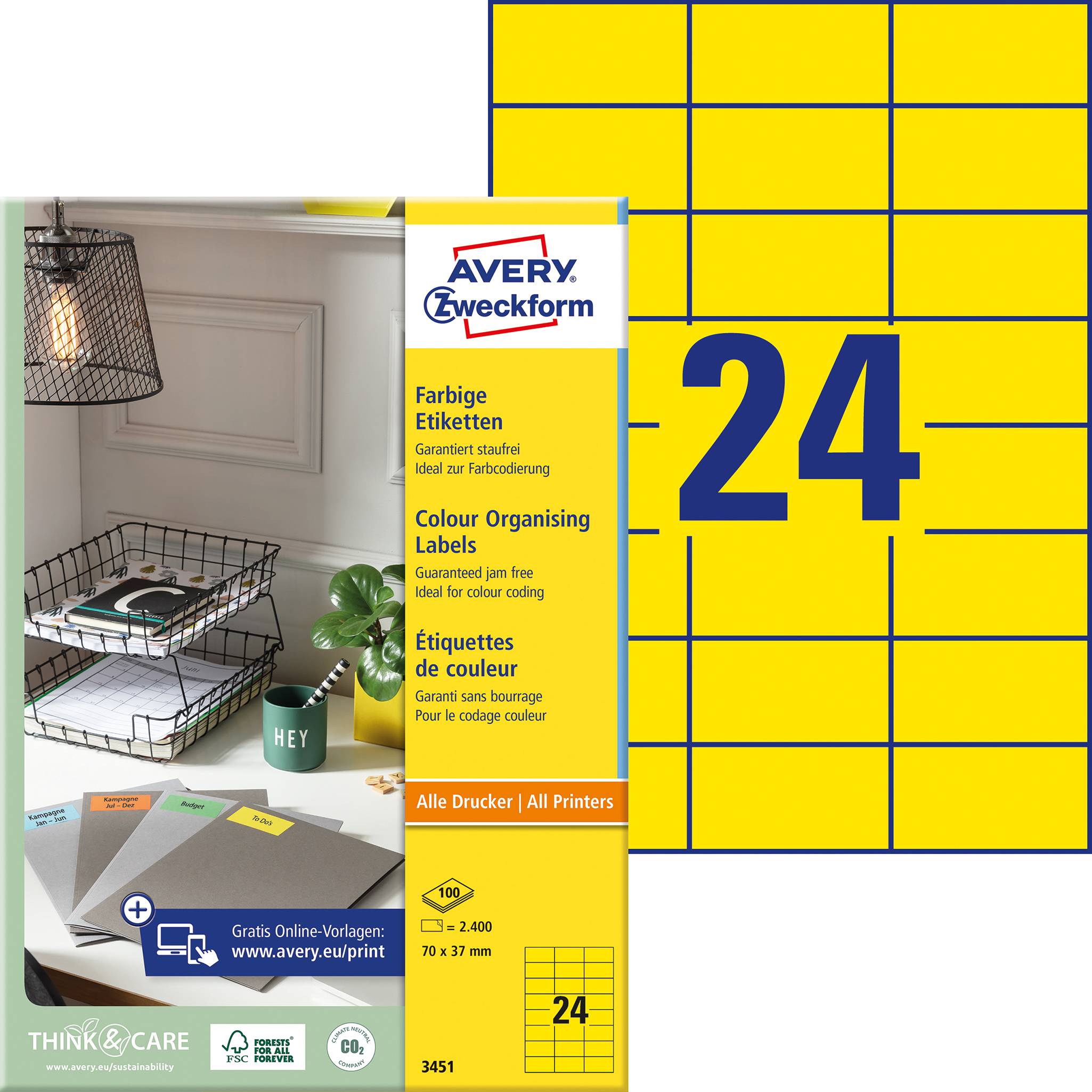 Avery-Zweckform 3451 Universaletiketter 70 x 37 mm Papper Gul 2400 st Permanent Bläckstråleskrivare, Laser, Laser, färg,